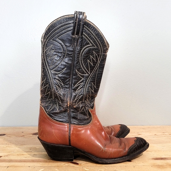 Vintage Tony Lama Men's Western Cowboy Boots Two Tone Leather Rockabilly Size 7 - Picture 1 of 13